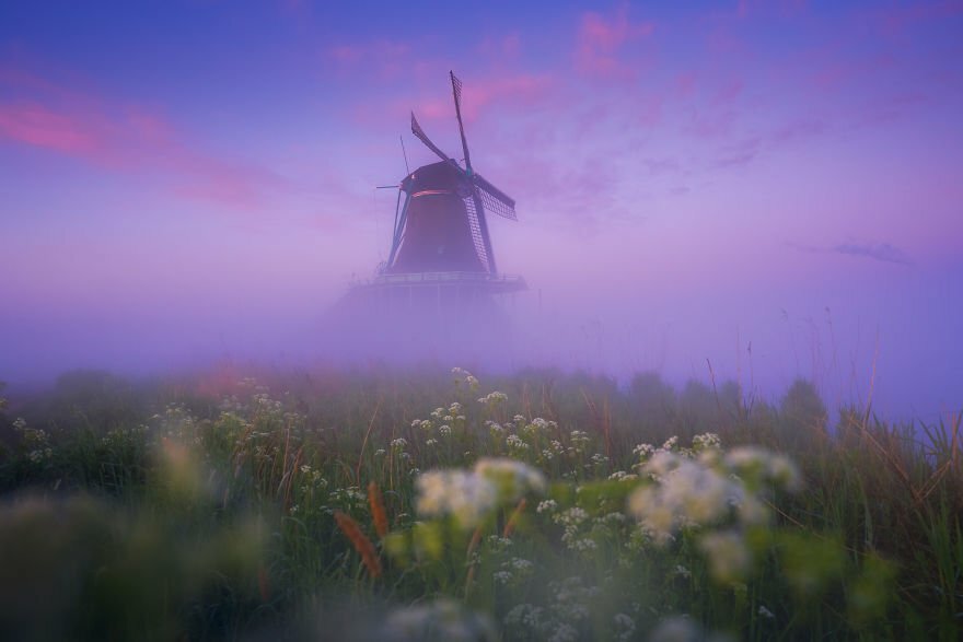 Фотограф снима вятърни мелници сред мъглата и резултатите са очарователни