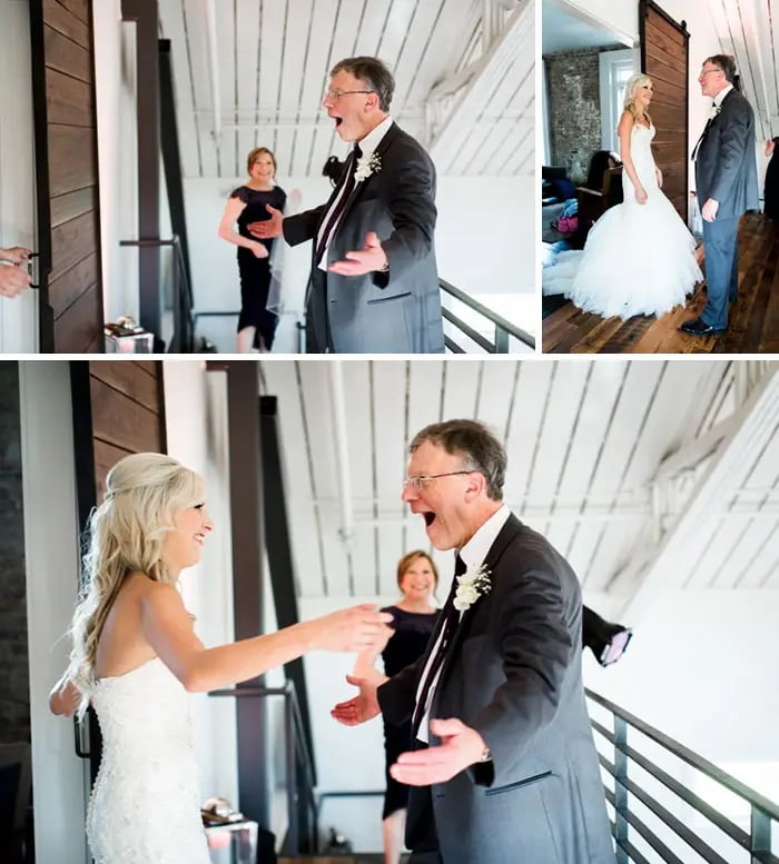 Емоционални снимки, когато бащите за първи път виждат дъщерите си в сватбени рокли