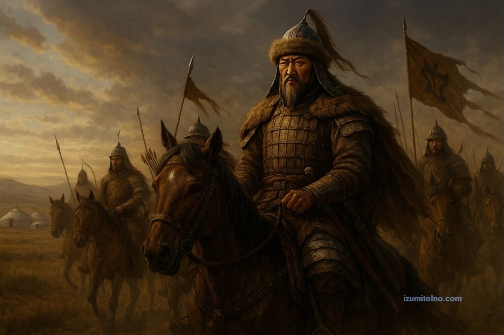 Чингис хан с безкомпромисен поглед, конници, юрти и безкрайна степ