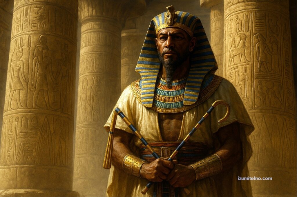 Фараон в храм с драматични светлинни лъчи и прашни частици, дълбока перспектива