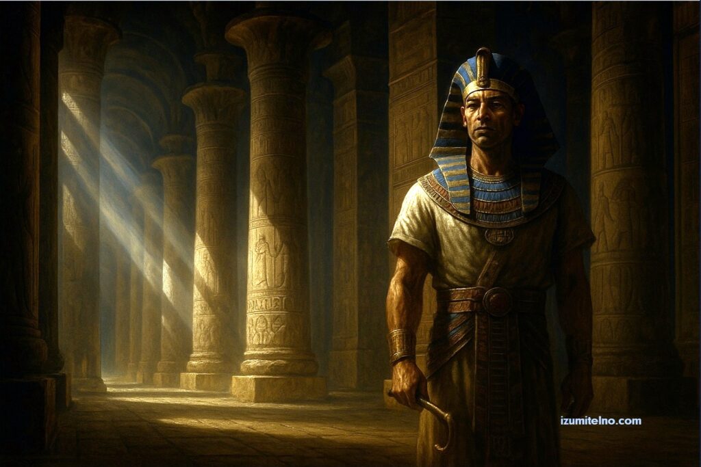 Широк кадър на древноегипетски храм с високи колони и фараон на преден план