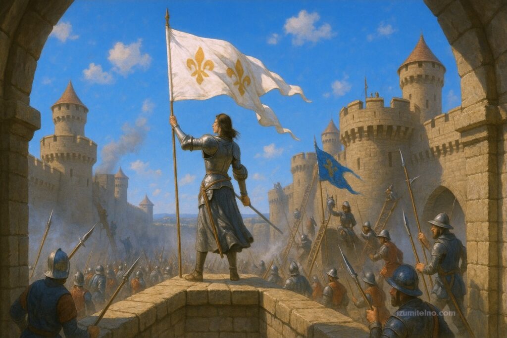 Жана д’Арк с бяло знаме – висока гледна точка, синьо небе и крепостни стени