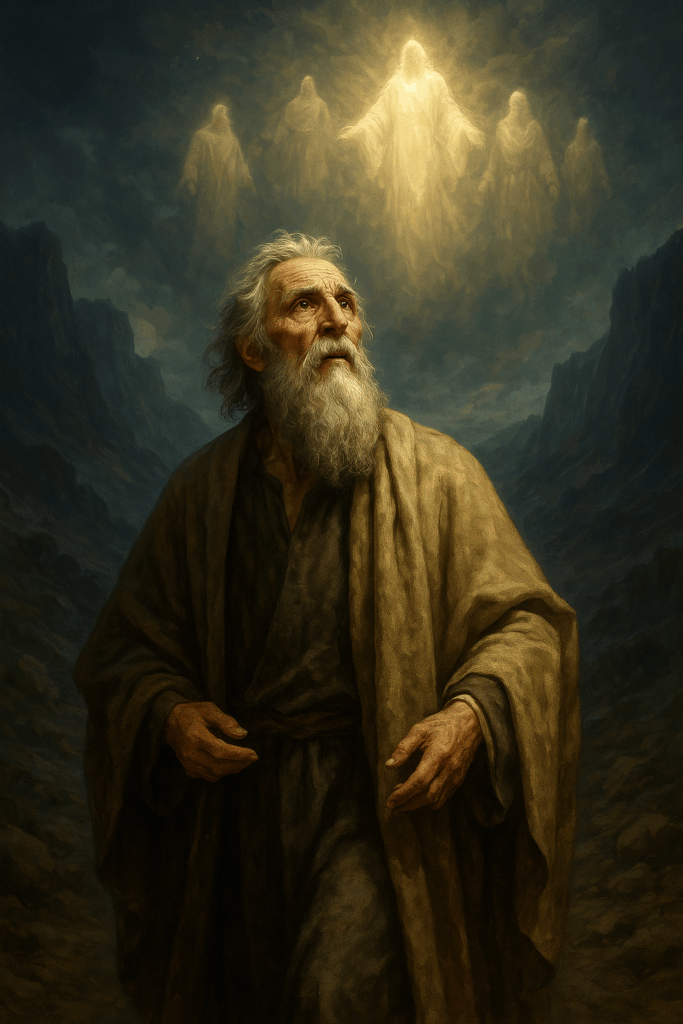 Реалистична живопис на Енох сред каменни планински долини, гледащ към небесни същества, появяващи се в сияние над него.