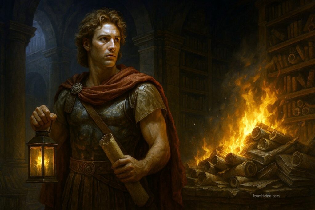 Александър Велики държи древен свитък сред руините на пламтяща библиотека, на фона на унищожени книги и колонни зали — визуализация на легендата за изчезналите ръкописи след пожара в Александрия.