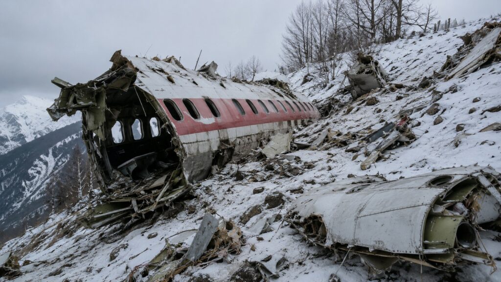 Останки от самолет след авиационна катастрофа в заснеженият и горист терен край Србска Каменице