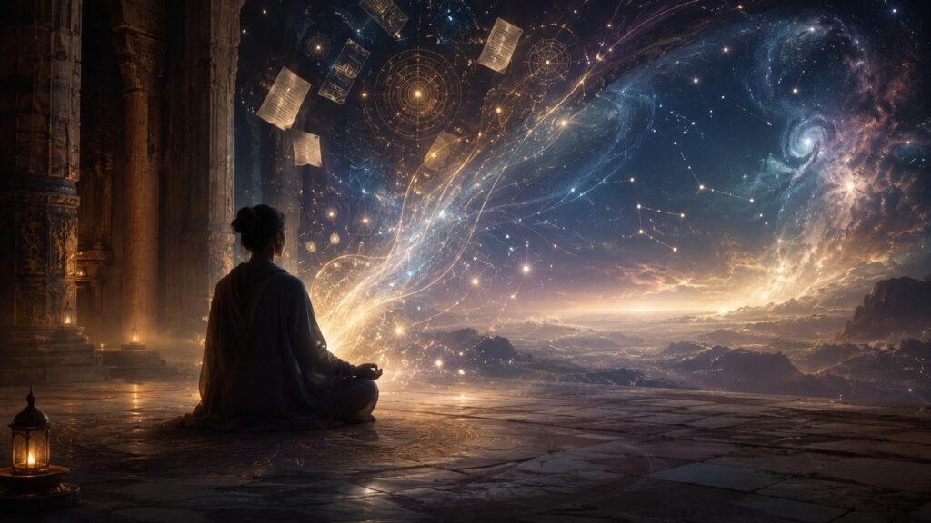 Човек в медитация, свързан с идеята за Акашовите записи